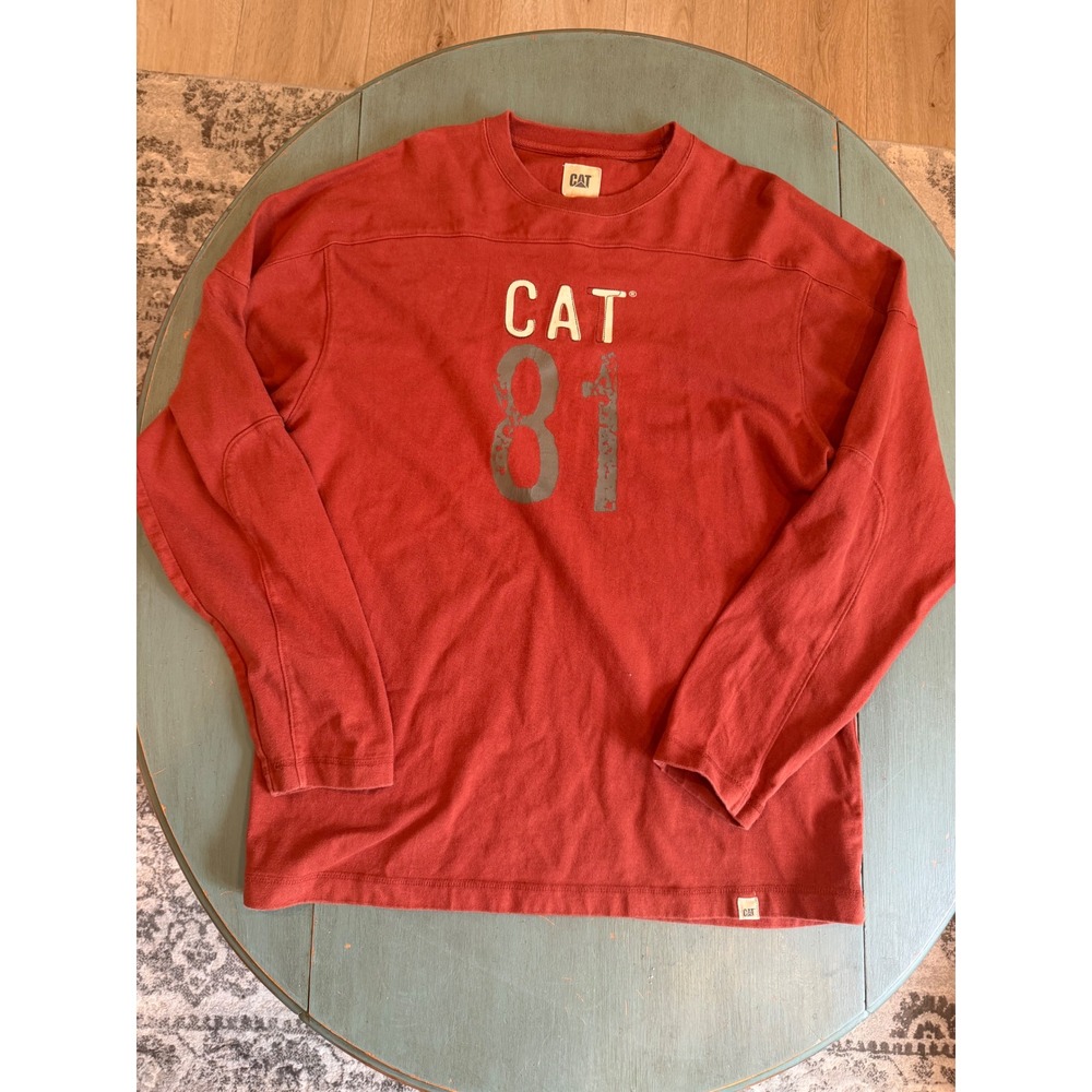 Caterpillar CAT 81 Mens Long Sleeve Graphic Jersey Tee Brick Red Cotton Large